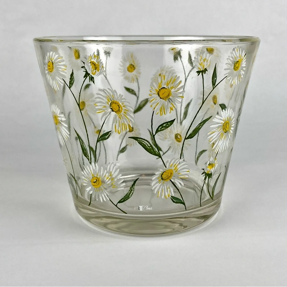 Mid-Century Cera Small Glass Ice Bucket With Daisy Motif